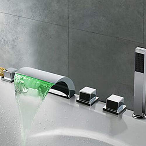 Wasserfall Badewannenarmatur 5 Loch Set Wannenrandarmatur LED Thermostat-Duscharmatur für Dusche und Badewanne Wasser Mischbatterie Wandhalterung Messing Chrom Edelstahl von PIOJNYEN