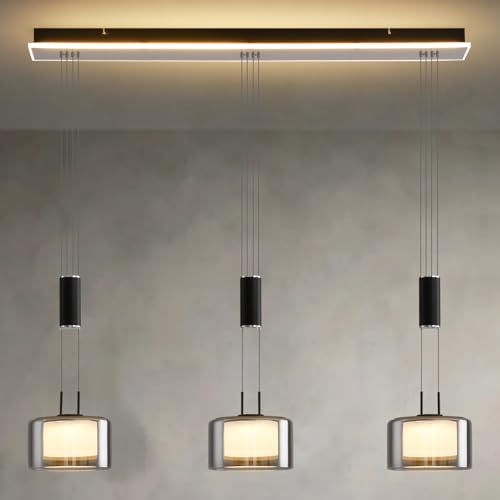 PIOUTNF Modern Pendelleuchte Esstisch, LED Hängelampe Glas mit 3 Flammig, Esstisch Lampe mit Fernbedienung, Hängeleuchte Höhenverstellbar, Hängend küchenlampe, für Kücheninsel, über Esstisch von PIOUTNF