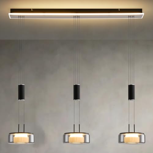 Pendelleuchte Esstisch mit 3 Flammig, Led Hängelampe Glas, Modern Esstischlampe Hängend, Esstisch Hängelampe mit Fernbedienung, Küchenlampe Hängend Höhenverstellbar, für Kücheninsel, über Esstisch von PIOUTNF