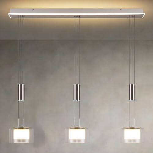 PIOUTNF Pendelleuchte Esstisch mit 3 Flammig, Hängeleuchte Küche Höhenverstellbar, Modern LED Hängelampe Glas, Esstischlampe Hängend mit Fernbedienung, für Kücheninsel, über Esstisch von PIOUTNF