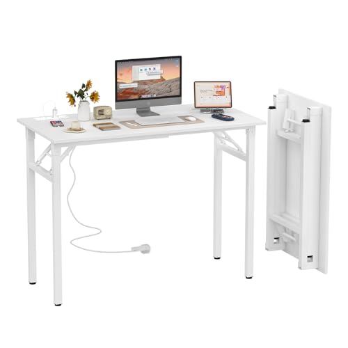 PIPIPOXER 100x50x76cm Schreibtisch Klapptisch mit 2 AC-Steckdosen und 2 USB Ladeanschluss, Klapptisch Computertisch, PC-Tisch, Bürotisch Klappbarer Schreibtisch, für Home, Weiß von PIPIPOXER