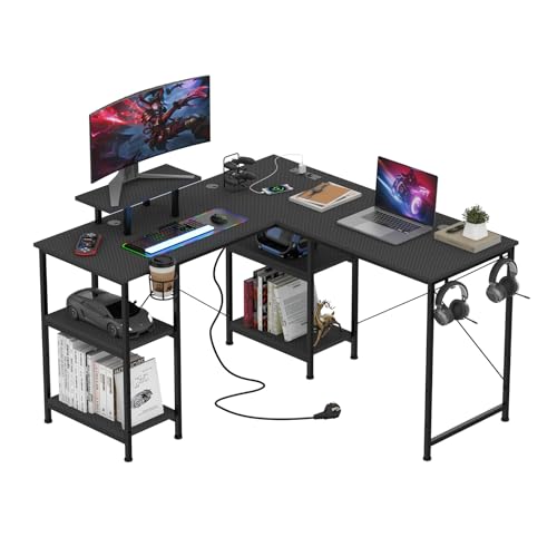 PIPIPOXER 210 x 50cm Gaming Tisch mit Steckdose & USB, 3 Arten der Installation Gaming Schreibtisch L Form mit Monitorablage, PC Tisch Gaming mit Kohlefaseroberfläche von PIPIPOXER