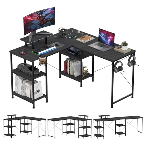 PIPIPOXER 210 x 50cm Gaming Tisch mit Steckdose & USB, Gaming Schreibtisch L Form mit Monitorablage, PC Tisch Gaming mit Kohlefaseroberfläche, Stabiler Computertisch (3 Arten der Installation) von PIPIPOXER