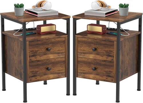 PIPIPOXER 2er Set Beistelltisch mit Ladestation, Sofatisch mit 2 Schubladen und USB-Anschluss und Steckdose, Nachttisch für Kleine Räume, Stabil und Robust, Nachttisch für Wohnzimmer, Dunkelbraun von PIPIPOXER