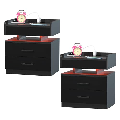 PIPIPOXER 2er Set LED Nachttisch Mit 16 Farbe RGB Licht, Smart Mit Steckdose & USB Ladefunktion, Schwarz Hochglanz Mit 2 Schublade, Beistelltisch, 45x35x52cm PIPIPOXER 2er Set LED Nachttisch Mit 16 Farbe RGB Licht, Smart Mit Steckdose & USB Ladefunktion, Schwarz Hochglanz Mit 2 Schublade, Beistelltisch, 45x35x52cm von PIPIPOXER