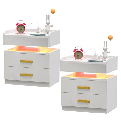 PIPIPOXER 2er Set LED Nachttisch Mit 16 Farbe RGB Licht, Smart Mit Steckdose & USB Ladefunktion, Weiß Hochglanz Mit 2 Schublade, Beistelltisch, 45x35x52cm PIPIPOXER 2er Set LED Nachttisch Mit 16 Farbe RGB Licht, Smart Mit Steckdose & USB Ladefunktion, Weiß Hochglanz Mit 2 Schublade, Beistelltisch, 45x35x52cm von PIPIPOXER