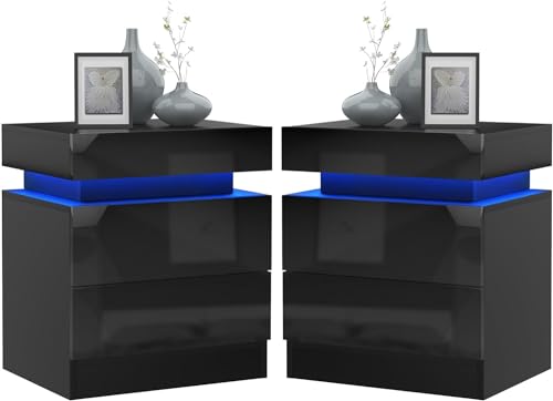 PIPIPOXER 2er Set Nachttisch LED Mit 2 Schubladen, Schwarz Mit LED Licht, 16 Farben, Hochglanz Kommode Nachtschrank Tisch für Schlafzimmer Wohnzimmer, 45x35x52cm von PIPIPOXER