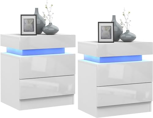 PIPIPOXER 2er Set Nachttisch LED mit 2 Schubladen, Nachttisch Weiß mit LED Licht, 16 Farben 2 Schubladen und Hochglanz Kommode Nachttisch Nachtschrank Tisch für Schlafzimmer Wohnzimmer, 45x35x52cm von PIPIPOXER
