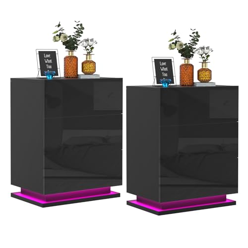 PIPIPOXER 2er Set Nachttisch LED mit 3 Schubladen, Nachttisch Schwarz Hochglanz Nachtkommode Kommode Nachttisch mit LED Licht Nachtschrank Tisch, Led 16 Farben Beistelltisch für Wohnzimmer, 50x35x68cm von PIPIPOXER