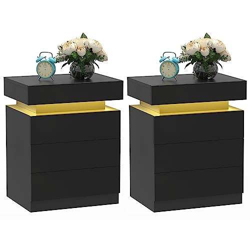 PIPIPOXER 2er Set Nachttisch Schwarz mit LED, Nachtkommode mit 3 Schubladen und Hochglanz Kommode Nachttisch Nachtschrank Tisch, Led 16 Farben Beleuchtung Beistelltisch für Schlafzimmer, 45x35x61cm von PIPIPOXER