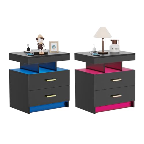 PIPIPOXER 2er Set Nachttisch Schwarz mit 2 Schubladen, Nachttisch LED Hochglanz, Nachtkommode Led 16 Einstellbare Farben, Nachtschrank Schlafzimmer, Nachtschrank Tisch, 50x40x58cm von PIPIPOXER