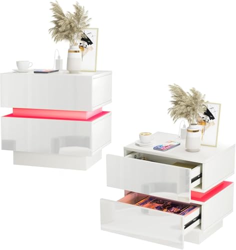 PIPIPOXER 2er Set Nachttisch Weiß mit Ladefunktion mit 2 Schubladen Nachttisch LED, Nachtschrank Weiß Hochglanz Nachtkommode 2 Schubladen Beistelltisch für Wohnzimmer, Schlafzimmer, 45x35x47cm von PIPIPOXER