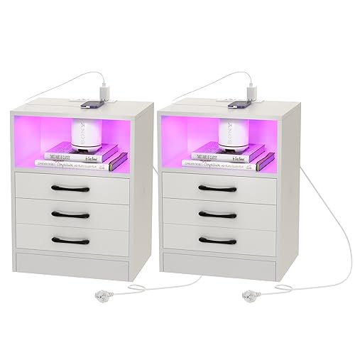 PIPIPOXER 2er Set Nachttisch Weiß mit Steckdose & USB, Nachttisch LED Hochglanz Nachtkommode 3 Schubladen mit Led 16 Farben Beleuchtung Beistelltisch für Wohnzimmer, Schlafzimmer, 45x60x35cm, Weiß von PIPIPOXER