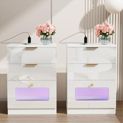 PIPIPOXER 2er Set Nachttisch mit Steckdose & USB, Nachttisch Weiß, Nachtkommode mit 2 Schubladen Kommode Nachttisch LED mit 2 Schubladen Nachtschrank Tisch, Beistelltisch für Wohnzimmer, 45x35x65cm von PIPIPOXER