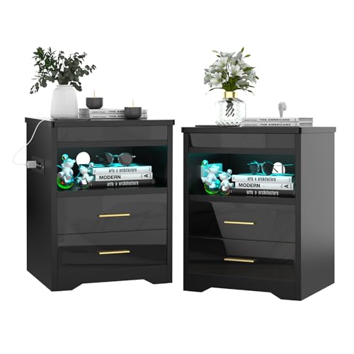PIPIPOXER 2er Set Nachttisch mit Steckdose & USB & abschließbar, Nachttisch mit LED Nachtkommode mit 2 Schubladen, Led 16 Farben Beleuchtung für Wohnzimmer, 45x40x67cm,Schwarz von PIPIPOXER