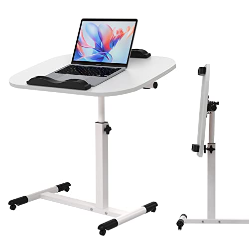 PIPIPOXER 60x40cm Laptopständer Computertisch Laptoptisch Höhenverstellbar 61cm-95cm, Mobiler Stehtisch mit Rollen mit 2 Stopp-Leisten, Überbett-Tisch 360 Drehbaren Tischplatte, Beistelltisch, Weiß von PIPIPOXER