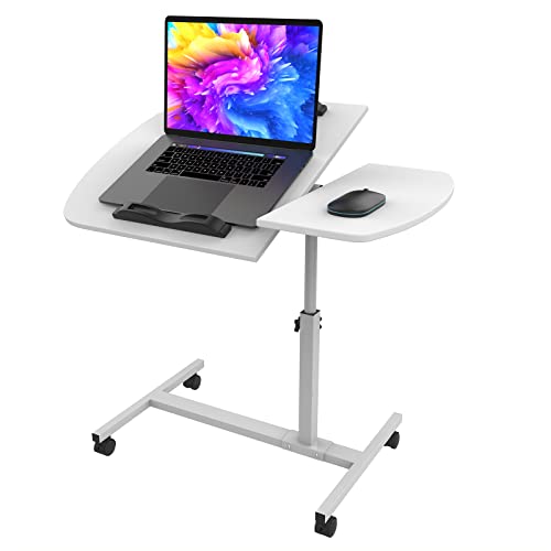 PIPIPOXER 60x40cm Laptopständer Computertisch mit 2 Stopp-Leisten & 4 Rollen, Laptoptisch Höhenverstellbar, Mobiler Stehtisch, Überbett-Tisch 360 Drehbaren Tischplatte, Beistelltisch fürs Sofa, Weiß von PIPIPOXER