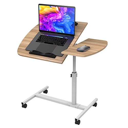 PIPIPOXER 60x40cm Laptoptisch Höhenverstellbar, Laptopständer Computertisch, Mobiler Stehtisch mit 2 Stopp-Leisten & 4 Rollen, Überbett-Tisch 360 Drehbaren Tischplatte, Beistelltisch fürs Sofa,Holz von PIPIPOXER