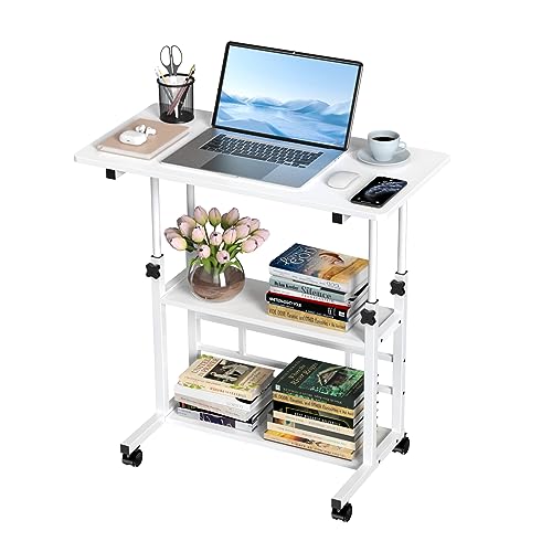 PIPIPOXER 80cmx40cm Computertisch mit Rollen, Laptoptisch Höhenverstellbarer 74.5-95.5cm, PC Tisch Klein, Schreibtisch Computertisch, Stehtisch Mobiler mit 4 Rollen und 2 Regal, Weiß von PIPIPOXER