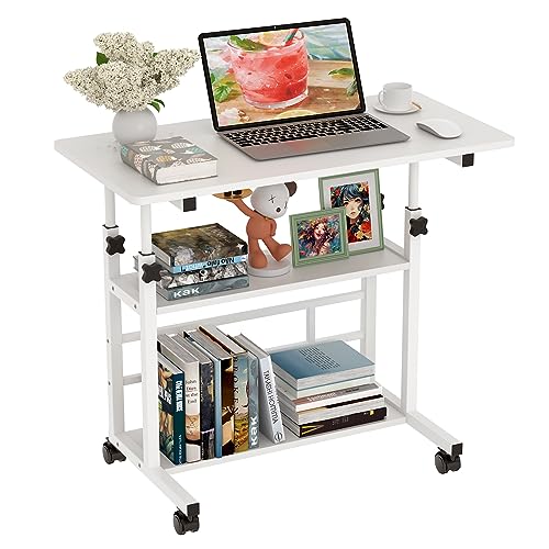 PIPIPOXER 80x40cm Computertisch mit Rollen, Schreibtisch Computertisch, Laptoptisch Höhenverstellbarer 74.5-955cm, Stehtisch Mobiler mit 4 Rollen und 2 Regal, PC Tisch Klein, Weiß von PIPIPOXER
