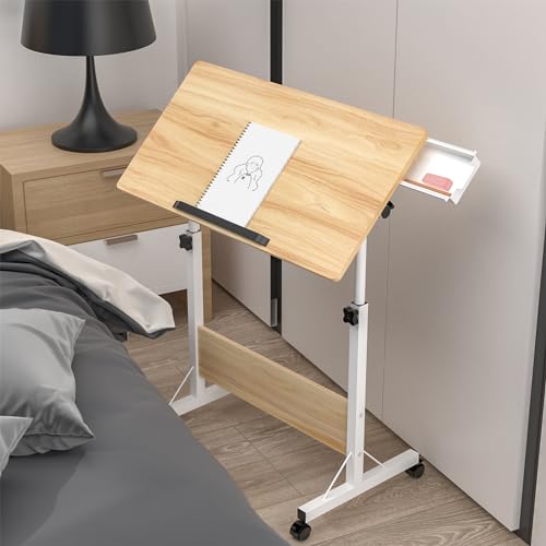 PIPIPOXER 80x40cm Klappbarer Computertisch mit Rollen, Laptoptisch Höhenverstellbarer 64-89cm, Schreibtisch Computertisch Mobiler Stehtisch Überbett-Tisch 360°, Beistelltisch, Holz Farbe von PIPIPOXER