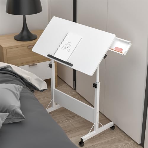 PIPIPOXER 80x40cm Klappbarer Computertisch mit Rollen, Laptoptisch Höhenverstellbarer 64-89cm, Schreibtisch Computertisch Mobiler Stehtisch Überbett-Tisch 360°, Beistelltisch, Weiß von PIPIPOXER