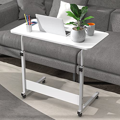 PIPIPOXER 80x40cm Laptoptisch mit Rollen, Höhenverstellbarer 69-90cm, Schreibtisch Computertisch Mobiler Stehtisch Überbett-Tisch 360 Drehbaren Tischplatte, Beistelltisch fürs Sofa, Weiß von PIPIPOXER