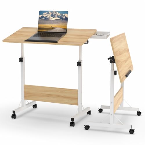 PIPIPOXER 80x40cm Laptoptisch mit Rollen, Klappbarer Computertisch, Laptoptisch Höhenverstellbarer 64-89cm, Schreibtisch Computertisch Mobiler Stehtisch Überbett-Tisch 360°, Beistelltisch, Holz Farbe von PIPIPOXER