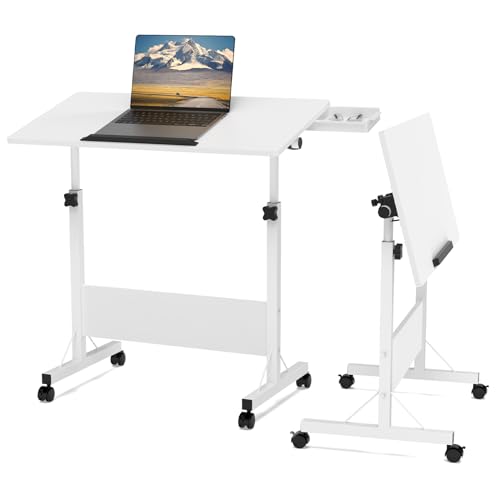 PIPIPOXER 80x40cm Laptoptisch mit Rollen, Klappbarer Computertisch, Laptoptisch Höhenverstellbarer 64-89cm, Schreibtisch Computertisch Mobiler Stehtisch Überbett-Tisch 360 Drehbaren,Beistelltisch,Weiß von PIPIPOXER