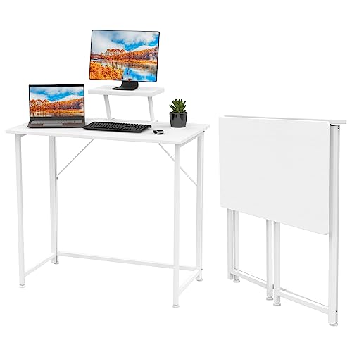 PIPIPOXER 80x45x75cm Klappbarer Schreibtisch mit Monitorablage, Klappbarer Computertisch PC Tisch Computertisch, Computer Schreibtisch, Bürotisch Schreibtisch Holz Officetisch fürs Büro, Weiß von PIPIPOXER