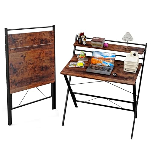 PIPIPOXER 80x50cm Klappbarer Schreibtisch Mit Regal Und Monitorständer, Klapptisch Für Home Office, PC-Tisch, Dunkelbraun von PIPIPOXER