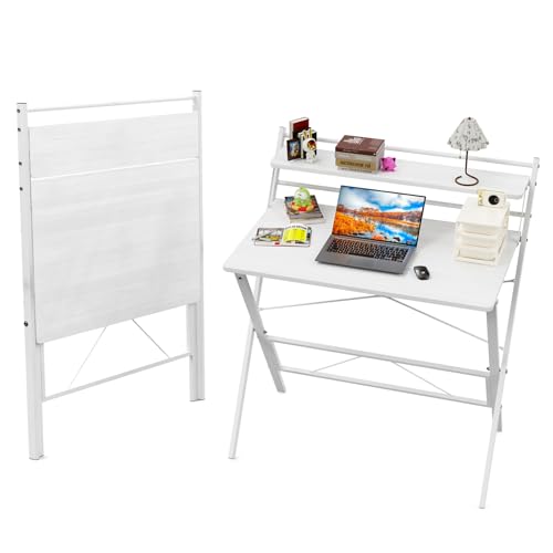 PIPIPOXER 80x50cm Schreibtisch Klappbar, Klappbarer Schreibtisch mit Regal, Schreibtisch Klappbar mit Monitorständer, Schreibtisch Klapptisch Home Office Schreibtisch, PC-Tisch Große Größe, Weiß von PIPIPOXER