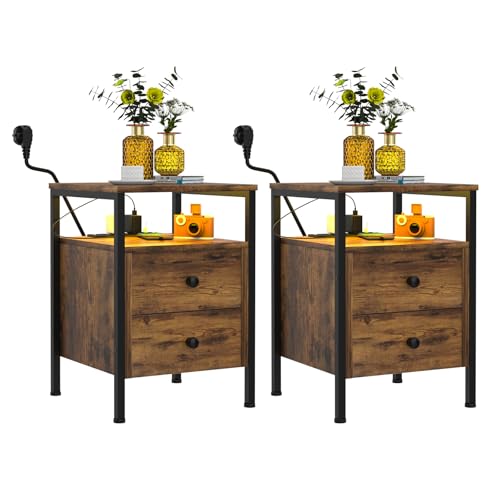 PIPIPOXER Beistelltisch mit Ladestation, Nachttisch LED 2er Set, Sofatisch mit 2 Schubladen und USB-Anschluss und Steckdose, Stabil und Robust, Nachttische für Wohnzimmer, Dunkelbraun, 40x40x61cm von PIPIPOXER