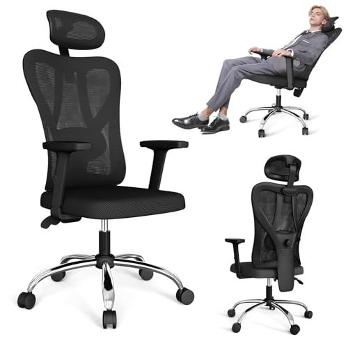 PIPIPOXER Bürostuhl Ergonomisch Schreibtischstuhl, Büro Stuhl, Drehstuhl hat Verstellbarer Lordosenstütze, Kopfstütze und Armlehne, Höhenverstellung und Wippfunktion, Rückenschonend, Bis 300kg von PIPIPOXER