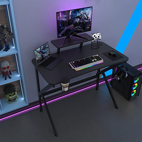 PIPIPOXER Gaming Tisch 100x55cm, Gaming Schreibtisch mit Monitorablage, PC Tisch Gaming mit Kohlefaseroberfläche, Gaming Desk Computertische für Home Office mit Kopfhörerhaken und Getränkehalter von PIPIPOXER