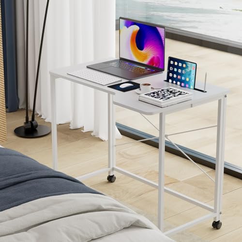 PIPIPOXER Klapptisch Schreibtisch Computertisch Laptoptisch,Faltbar Computertisch mit einen Einschnitt und drehbarer Rollen für Schlafzimmer,Büro,Bett,Sofa,Homeoffice,Arbeitszimmer Weiß 90x56x75cm von PIPIPOXER