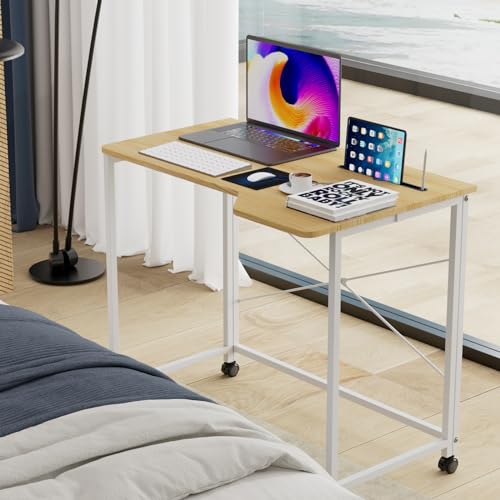 PIPIPOXER Klapptisch Schreibtisch Computertisch Laptoptisch,Faltbar Computertisch mit einen Einschnitt und drehbarer Rollen für Schlafzimmer,Büro,Sofa,Homeoffice,Arbeitszimmer Holzfarbe 90x56x75cm von PIPIPOXER