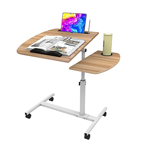 PIPIPOXER Laptoptisch Höhenverstellbar 61-91 cm, 60×40cm Mobiler Stehtisch mit 4 Rollen & 1 Stopp-Leisten, Tablet-Schlitz und Cup Slot, 360 Drehbaren Tischplatte, Beistelltisch fürs Sofa, Holz von PIPIPOXER