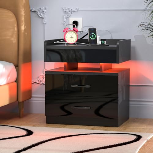 PIPIPOXER LED Nachttisch Mit 16 Farben RGB Licht, Smart Beistelltisch Mit Steckdose & USB Ladefunktion, Schwarz Hochglanz Mit 2 Schubladen, 45x35x52cm von PIPIPOXER