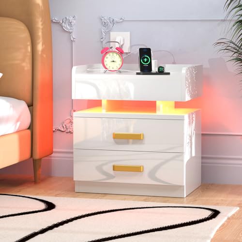 PIPIPOXER Led Nachttisch mit 16 Farbe RGB Licht, mit Steckdose & USB Ladefunktion, Nachttisch Weiß Hochglanz mit 2 Schublade, Beistelltisch, 45x35x52cm von PIPIPOXER