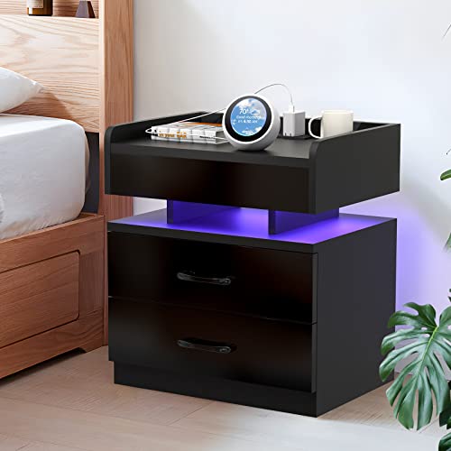 PIPIPOXER Nachttisch, Nachttisch in Schwarz mit Steckdose und USB, Nachttische mit 2 Schubladen Nachschrank für Wohnzimmer,Schlafzimmer Bett 40x35x65cm Schwarz von PIPIPOXER