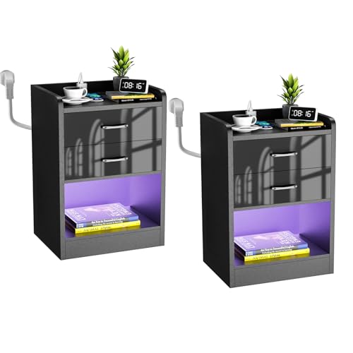 PIPIPOXER Nachttisch 2er Set Nachttisch LED mit Steckdose, 2 AC-Steckdosen, 2 USB-Anschlüsse, Nachttisch Schwarz mit 2 Schubladen, Nachtschrank LED-Beleuchtung 16 Farbe, Beistelltisch, 40x35x65cm PIPIPOXER Nachttisch 2er Set Nachttisch LED mit Steckdose, 2 AC-Steckdosen, 2 USB-Anschlüsse, Nachttisch Schwarz mit 2 Schubladen, Nachtschrank LED-Beleuchtung 16 Farbe, Beistelltisch, 40x35x65cm von PIPIPOXER