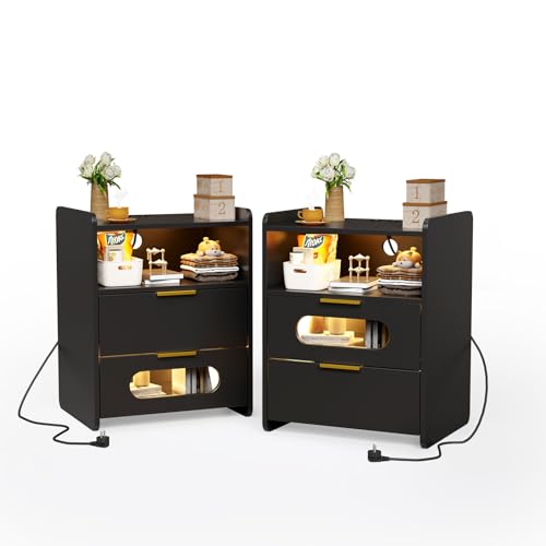 PIPIPOXER Nachttisch 2er Set Nachttisch Schwarz mit Steckdose & USB, Nachttisch LED mit 2 Led Licht mit 2 Schubladen,Offenes Fach, Beistelltisch mit Ladestation, Nachtschrank für Wohnzimmer,50x40x64cm PIPIPOXER Nachttisch 2er Set Nachttisch Schwarz mit Steckdose & USB, Nachttisch LED mit 2 Led Licht mit 2 Schubladen,Offenes Fach, Beistelltisch mit Ladestation, Nachtschrank für Wohnzimmer,50x40x64cm von PIPIPOXER