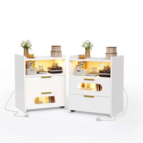 PIPIPOXER Nachttisch 2er Set Weiß Mit Steckdose & USB, LED-Beleuchtung, 2 Schubladen, Offenes Fach, Beistelltisch Mit Ladestation, Für Wohnzimmer, 50x40x64cm PIPIPOXER Nachttisch 2er Set Weiß Mit Steckdose & USB, LED-Beleuchtung, 2 Schubladen, Offenes Fach, Beistelltisch Mit Ladestation, Für Wohnzimmer, 50x40x64cm von PIPIPOXER