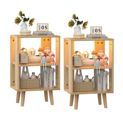 PIPIPOXER Nachttisch 2er Set Nachttisch mit LED, Nachtschrank Beistelltisch mit 2-Stufiger Sofatisch mit Offenem Regal, LED Einstellbare 16 Farben, Nachtkästchen für Schlafzimmer, 40x30x64cm, Holz von PIPIPOXER