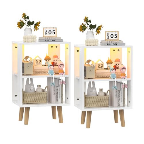 PIPIPOXER Nachttisch 2er Set Nachttisch mit LED, Nachtschrank Beistelltisch mit 2-Stufiger Sofatisch mit Offenem Regal, LED Einstellbare 16 Farben, Nachtkästchen für Schlafzimmer, 40x30x64cm, Weiß von PIPIPOXER
