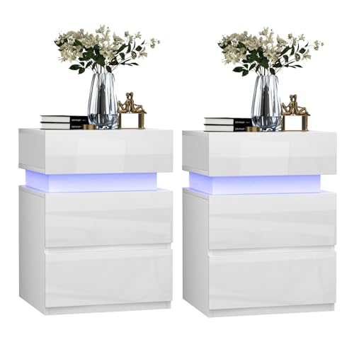 PIPIPOXER Nachttisch 2er Set Mit LED, Weiß Hochglanz Mit 3 Schubladen, Einstellbare 16 Farben, Beistelltisch Für Schlafzimmer Wohnzimmer, Modern, 35x40x55cm von PIPIPOXER