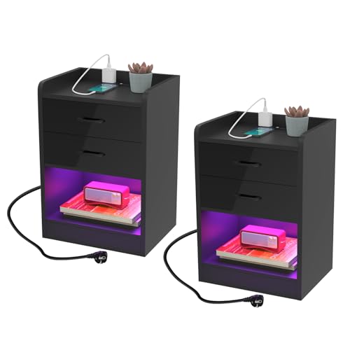 PIPIPOXER Nachttisch 2er Set Nachttisch mit Ladestation und LED-Beleuchtung Schwarz 40x65x35cm PIPIPOXER Nachttisch 2er Set Nachttisch mit Ladestation und LED-Beleuchtung Schwarz 40x65x35cm von PIPIPOXER
