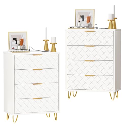 PIPIPOXER Nachttisch 2er Set Nachttisch mit Steckdose, Großer Stauraum Nachtschrank mit 4 Schublade, 60x34x91.5cm Nachtkommode mit Massivholzfüßen, Weiß Beistelltisch Boho, Kommode Flur von PIPIPOXER