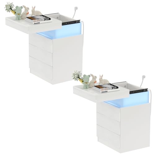 PIPIPOXER 2er Set Nachttisch mit Steckdose & USB, LED Nachttisch Weiß Hochglanz mit 3 Schubladen, Nachtschrank Tisch, Led 16 Farben Beleuchtung Beistelltisch für Wohnzimmer, Schlafzimmer PIPIPOXER 2er Set Nachttisch mit Steckdose & USB, LED Nachttisch Weiß Hochglanz mit 3 Schubladen, Nachtschrank Tisch, Led 16 Farben Beleuchtung Beistelltisch für Wohnzimmer, Schlafzimmer von PIPIPOXER